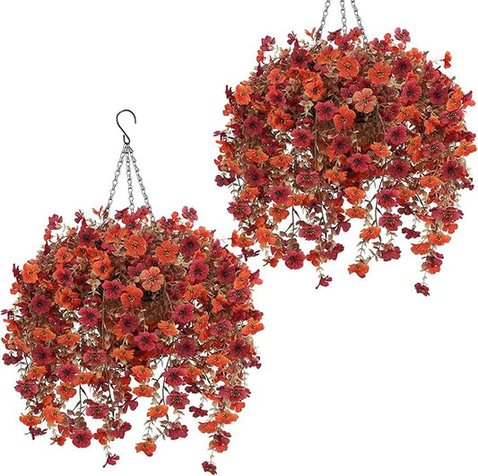 Geegoods Artificial Flowers for Outdoors, 2 Set Faux Hanging Mums Baskets with Eucalyptus Vines, Realistic Fake Mums, Fall Flowers for Porch, Patio, Garden & Yard, Fall Outdoor Décor