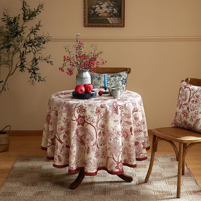 ISAENNE Designer French Linen Round Tablecloth,Diameter 67"-Ruyi A | Vintage Elegant Table Cloth for Round Table,Red Floral Pattern,Decoration,Heavyweight,Dining Room,Kitchen,Thanksgiving