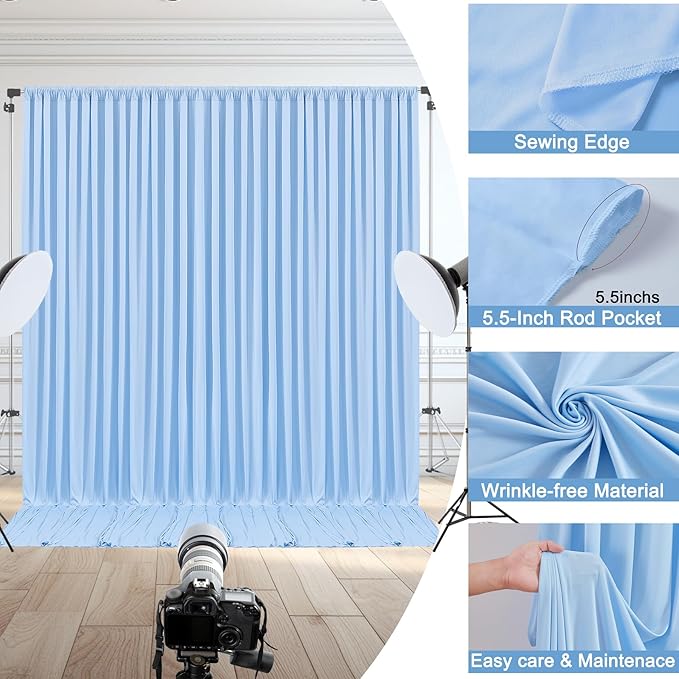 50x10ft Baby Blue Backdrop Curtain for Wedding Parties Wrinkle Free Fabric Light Blue Drapes Backdrop Decoration for Baby Shower Birthday Photography Decoration 10 Panels, 5ft x 10ft