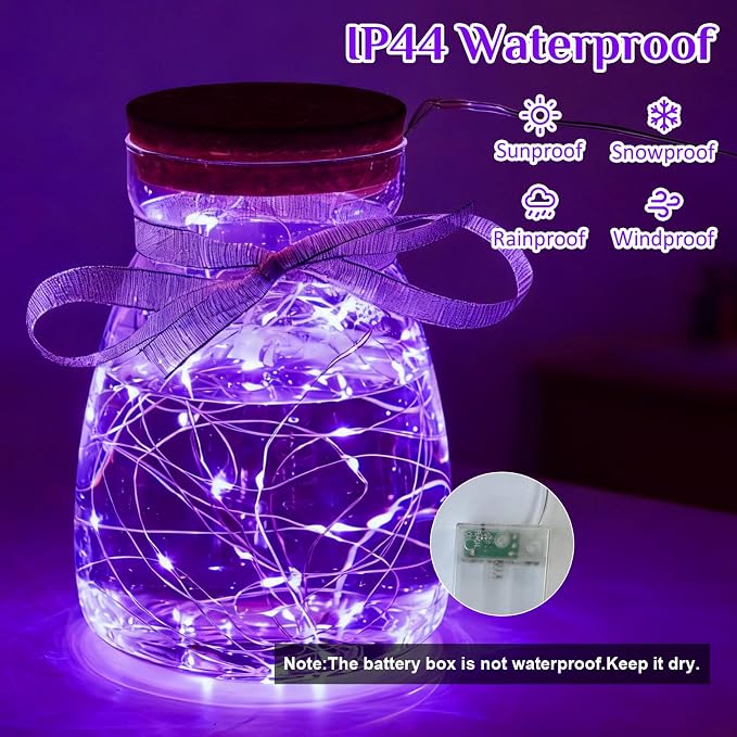 QITONG Purple Fairy Lights Battery Operated, 8 Pack Each 16ft 50 LED Outdoor String Lights, Silver Wire Mini Twinkle Light Indoor