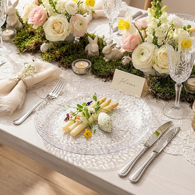 Rubtlamp 100Pcs Clear Plastic Plates, Heavy Duty Party Plates, Hammered Disposable Plates Include 50 Clear Fancy Dessert Plate, 50 Dinner Plate for Wedding Party