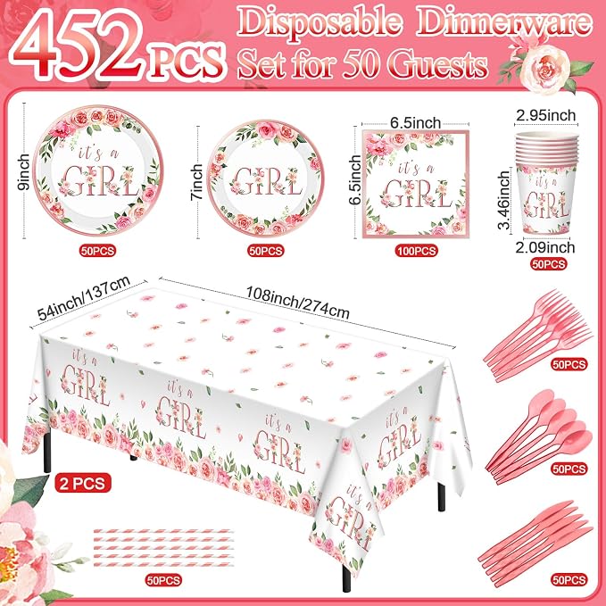 Potchen 452 Pcs Party Supplies Serve 50 Guests, Paper Plates Napkins Cups Cutlery Plastic Tablecloth Dinnerware for Birthday Wedding Party Decoration(Pink, It's a Girl)