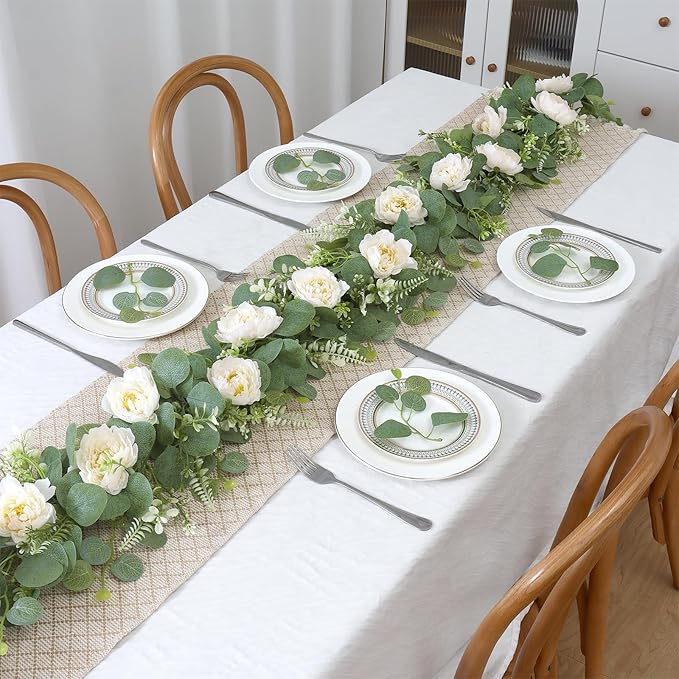 DEMIUKO 4PCS 6.56Ft Artificial Eucalyptus Flower Garland Fake Peony Flower Vine Faux Eucalyptus Leaves Greenery Garlands Spring Garland for Wedding Party Centerpiece Arch Table Runner Backdrop Decor