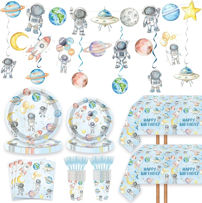 124pcs Outer Space Birthday Party Supplies Decorations - Space Astronaut Party Plates Napkins Cups Forks Table Cloths Banner Hanging Swirls for Boys 1st 2nd 3rd 4th 5th 6th Birthday Decorations