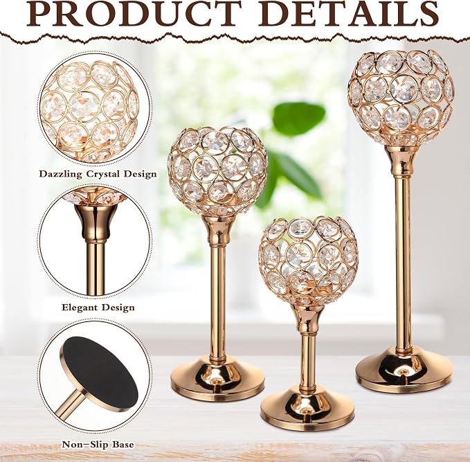 Hushee 42 Pcs Crystal Candle Holders with LED Tea Lights Candles Bulk Decorative 3 Sizes Candlestick Holders for Table Centerpieces, Home Decor, Weddings, and Housewarming Gifts(Gold)