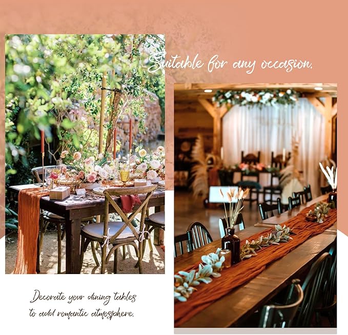 Showgeous 24 Pack Terracotta Cheesecloth Table Runner, 10FT Long Semi-Sheer Boho or Rustic Gauze Table Runner Wedding Table Decor for Wedding Arch Draping Bridal Shower Holiday Party