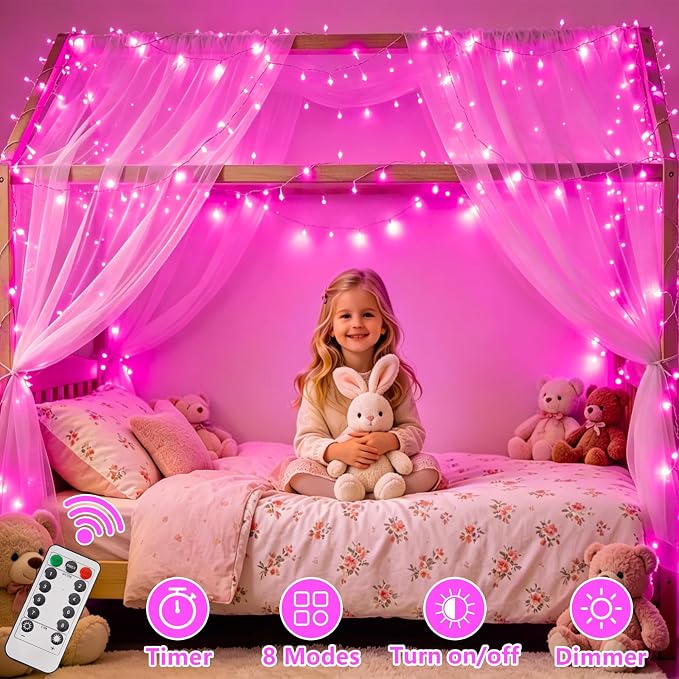 YEGUO Battery Operated String Lights, 2 Pack Each 33ft 100 LED Twinkle Fairy Lights Outdoor Waterproof, 8 Modes Clear Wire Pink Christmas Lights Indoor with Remote