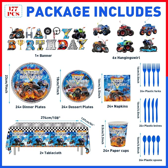177pcs Monster Truck Birthday Decorations Plates Napkins Disposable Tableware Set Include Plates, Napkins, Cups, Cutlery, Banner, Hanging Swirls, Tablecloth for Monster Truck Party Supplies Serve 24 ﻿