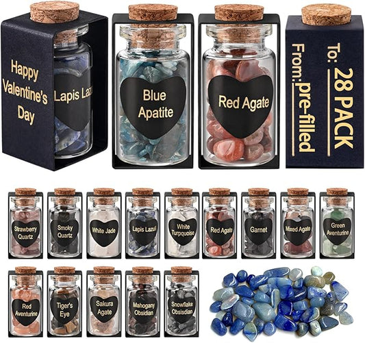28 Pack Prefilled Valentines Day Gifts for Kids - Crystal Gemstone Chip Bottles and Valentines Day Cards for Kids School(Black)