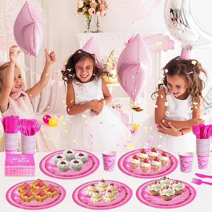 400 Pcs Disposable Let's Go Party Tableware Set for 50 Guests | Heavy-Duty 7" & 9" Paper Plates, Cups, 13" Napkins & Plastic Cutleryfor Wedding Bridal Shower Party Supplies