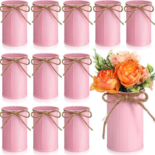 Rustic Vase for Table Centerpieces 4.33 Inch Small Petite Flower Vase with Twine Bow Vintage Farmhouse Decor for Wedding Reception Dining, Home Galvanized Metal Buckets(Pink,12 Pcs)