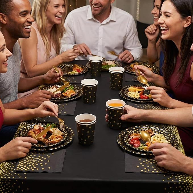350 Pieces Gold Disposable Party Dinnerware Set &Golden Dot Disposable Party Dinnerware - Black Paper Plates Napkins Cups, Gold Plastic Forks Knives Spoons