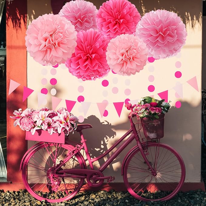 Galentines Valentines-Day Hot-Pink Party-Decorations - 23pcs Girl Birthday Baby Shower Tissue Pom Poms Streamers, Bachelorette Bridal Wedding Engagement Supplies Tassel Garland Banner Decor Ouruola