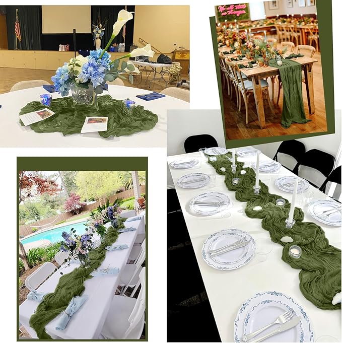12 Pack Olive Green Table Runner 10Ft Cheesecloth Table Runner Rustic Gauze Table Runners Romantic Long Sheer Fabric Cheese Cloth Table Runners for Wedding Party Bridal Baby Shower