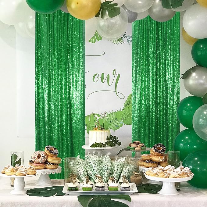 PartyDelight Green Sequin Backdrop Curtains 2x8ft 2 Panels | 3mm stitched sequin curtain with 4 inch rod pocket for 2x8ft 2 panel doorway window side drape narrow photo booth strip
