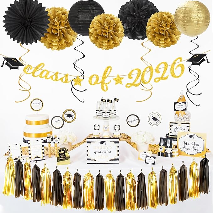 Black Gold Graduation Party-Decorations Garland - 36pcs Congrats Grad Class 2026 Banner,Hat Hanging Streamers,College High School Congratulations Master Celebration Classroom Backdrop Decor Burgleda