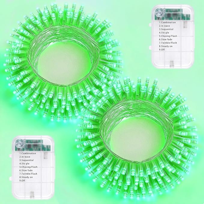 Pooqla 2 Pack String Lights Battery Operated, Total 66.6ft 200 LED Fairy Lights Indoor Outdoor Decorations, 8 Modes Green Battery Lights for Halloween Christmas Bedroom Porch Party Yard Decor