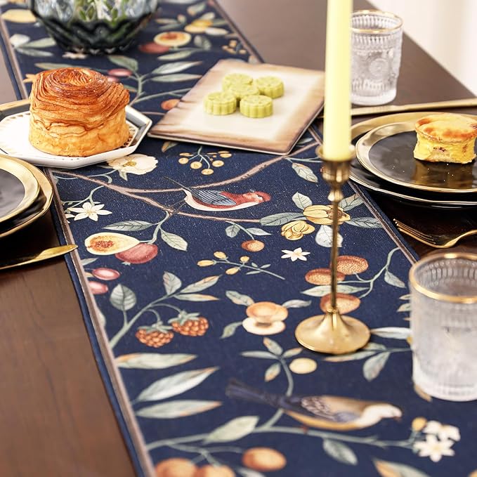 bilin gaier Linen Blue Table Runner 63 Inches Long,Wrinkle-Resistant Vintage Rustic Farmhouse Floral Table Runners,Decor Luxury Vintage Runner Table Cloth for Coffee & Dining Table,12"x63"-Dewey B
