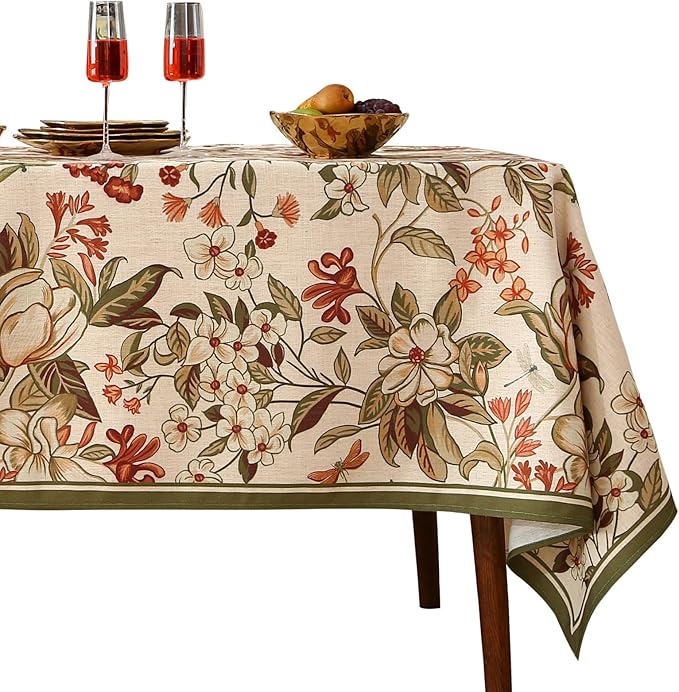 ISAENNE Designer Vintage Linen Rectangular Tablecloth,102"x63"-Grace A | French Elegant Printed Table Cloth for Rectangle Table,Floral Pattern,Decor,Heavyweight,Dining Room,Kitchen,Thanksgiving