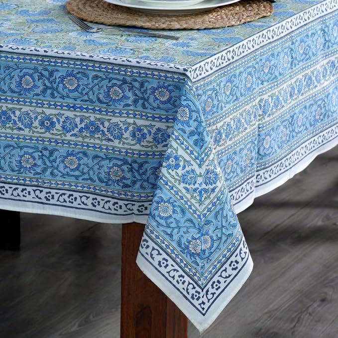 Ridhi Asparagus Green Gadd Hand Block Print Cotton Rectangle Tablecloth 102" x 48" inches Reusable Table Cover Decorative Everyday Use for Dining Room, Farmhouse, Home Gift for Spring, Mother's Day