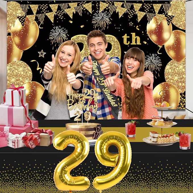 29th Birthday Decorations Men Women with 29th Birthday Banner, Black and Gold Table Cloth, Number Balloons, Large Sash, Cake Topper and Candles