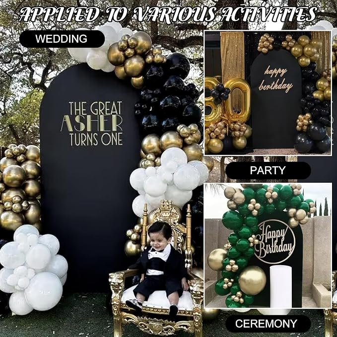 Metal Arch Stand and Cover Set,1 Black Spandex Fitted Backdrop with 1 Gold Wedding Arched Stand Frame for Parties Birthday Baby Shower Bridal Banquet Decoration (7.2FT)