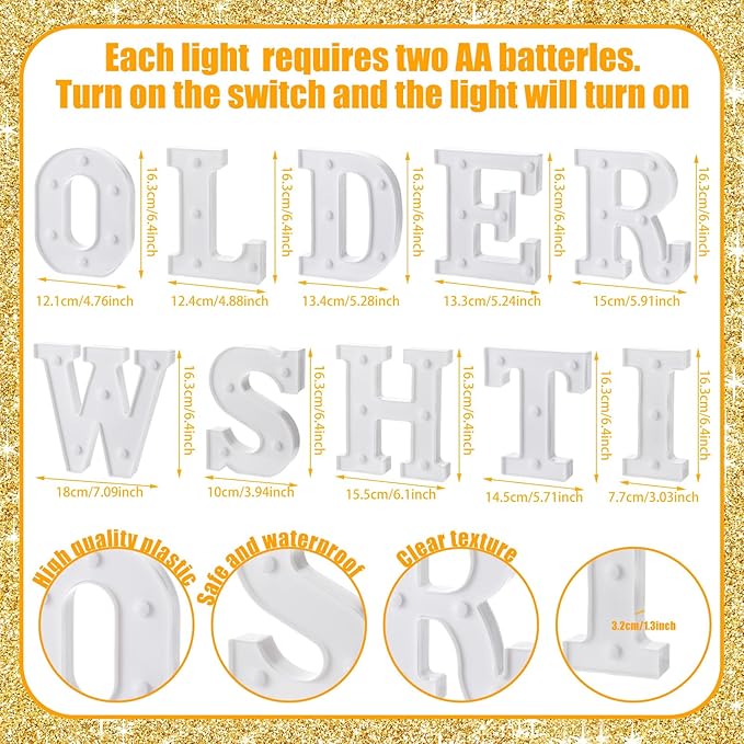 Honoson 16 Pcs Older Wiser Hotter Lights up Sign 6.5 Inch Birthday Party Decorations LED Letter Lights Sign Table Decoration for Women 30th 40th 50th 60th 70th 80th Party Birthday Supplies Decorson