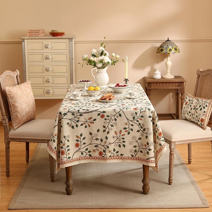 ISAENNE Vintage French Linen Square Tablecloth,67"x67"-Flora A | Designer Elegant Floral Table Cloth,Beautiful,Heavyweight,Decoration,Durable,Dining Room,Tea Party,Kitchen,Thanksgiving