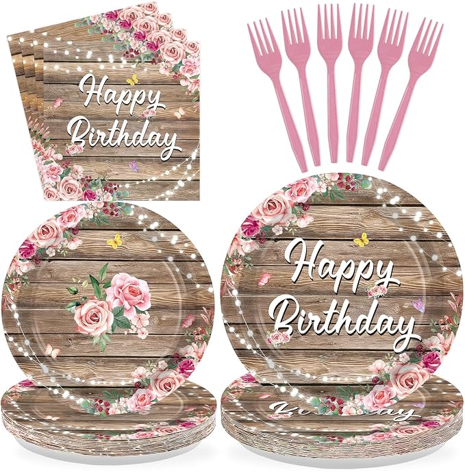 96Pcs Wooden Birthday Party Supplies Wooden Butterfly Happy Birthday Plates and Napkins Wood Grain Pink Rustic Tableware Set for Girls Floral Baby Shower Party Decorations Serves 24