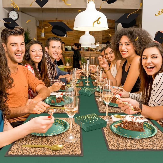 Tegeme 256 Pcs Dark Green and Gold Dot Party Supplies Paper Plates Napkin Tablecloth Set Disposable Cup Fork Knives Spoon Serve 36 Dinnerware for Birthday Wedding Aniversary Baby Shower Decoration