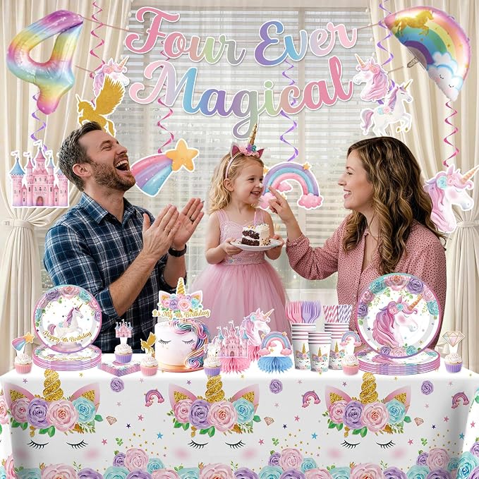 Xynic 332PCS Four Ever Magical Birthday Party Supplies, Unicorn 4th Birthday Decorations Set for 50 Guests with Plates, Napkins, Cups, Tablecloths & Balloons, Unicorn Party Supplies