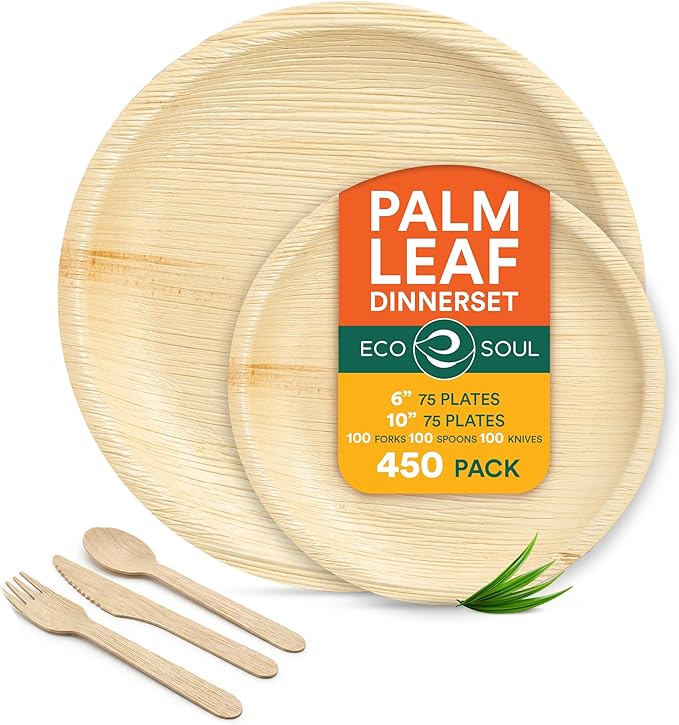 ECO SOUL Palm Leaf Like Bamboo Plates Combo Pack, 6 & 10 Inch, 450 Pack, Party Plates Set Bamboo, Heavy Duty, Natural, Compostable, Biodegradable Disposable Wood Dinnerware Set for Appetizer & Dinner