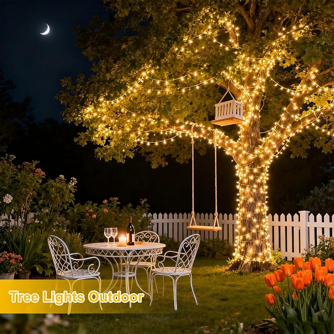 Black Fairy Lights Plug in 752 LED Warm White Waterproof | 30.68FT copper wire string with 13.1FT cord, warm glow, IP44 for plug in fairy lights outdoor vine, railing, tree decor