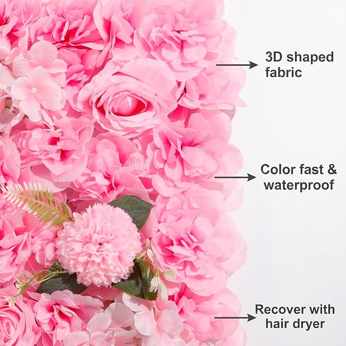 3D Flower Wall Backdrop - 6Pcs 16×24 Inch Artificial Rose Panels Pink Silk Floral Decor for Home Party Wedding Anniversary Birthday Photographic Studio Background & Decorative Fences