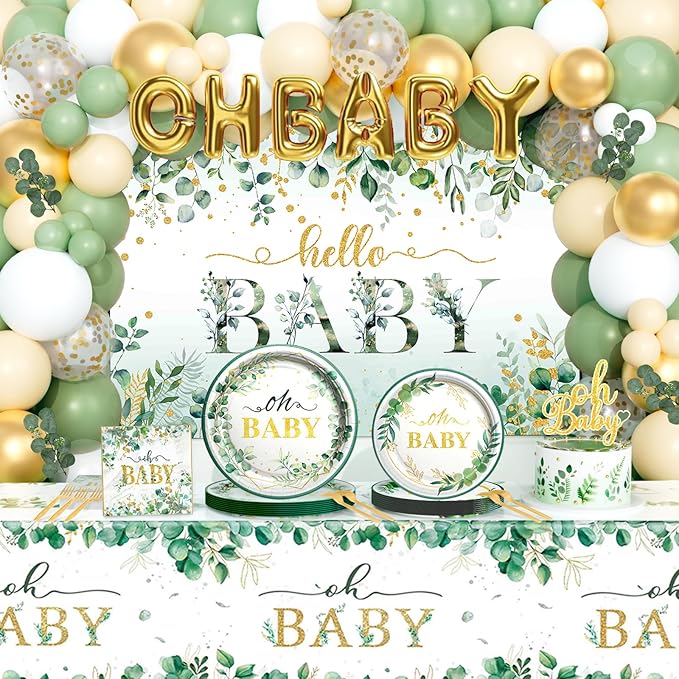 Sage Green Baby Shower Decorations, Greenery Tableware Party Supplies with Paper Plates Napkins Forks for 20 Guests Balloon Arch Kit Oh Baby Backdrop Tablecloth Cake Topper