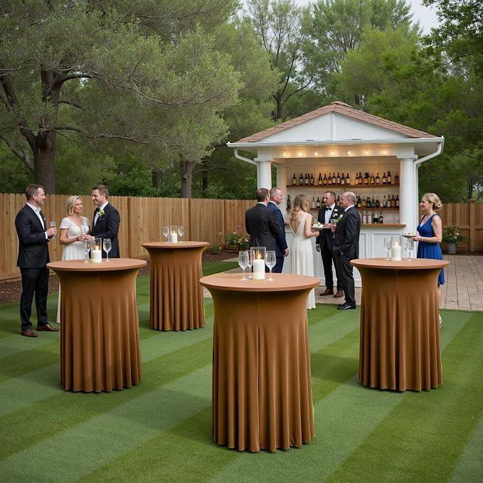 2 pk Brown Cocktail Table Cloth Round 32×43in-High Top Highboy Bar Coffee Cocktail Tablecloths-Wrinkle Free Stretchy Fitted Spandex Table Covers with Ruffle Desk Skirt for Wedding Banquet Party Tables