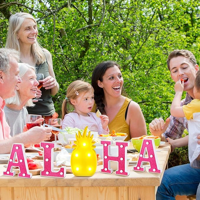 Honoson 5 Pcs Hawaiian Luau Aloha Party Decoration Aloha Letter LED Pineapple Lights Sign Summer Tropical Table Decorations Tropical Hawaiian Summer Beach Pool Party Supplies