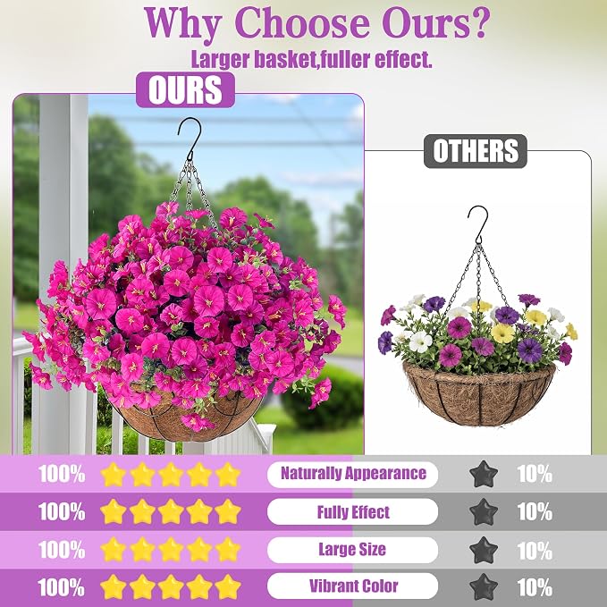 Sggvecsy Artificial Flowers for Outdoors with Baskets Hanging Plant Faux Flowers UV Resistant Fake Silk Morning Glory with Eucalyptus for Planter Porch Garden Home Spring Summer Decoration(Fuchsia)