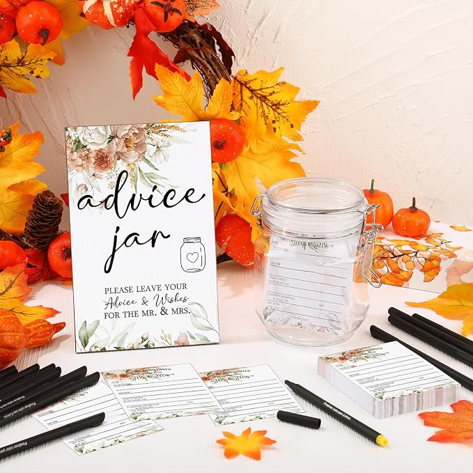 Sintuff 114 Pieces Advice and Wishes Cards Jar - Boho Floral Wedding Decoration, Hilarious Bridal Shower Games, Advice and Wishes Jar and Sign for The Mr and Mrs, Wedding Games for Reception