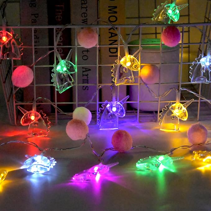 9.85FT Colorful Indoor String Lights with 20 Pink PomPoms 20 Unicorn LED Indoor String Lights Battery Operated with Timer for Home Bedroom Kids Playhouse Birthday Wedding Party Holiday Christmas Decor