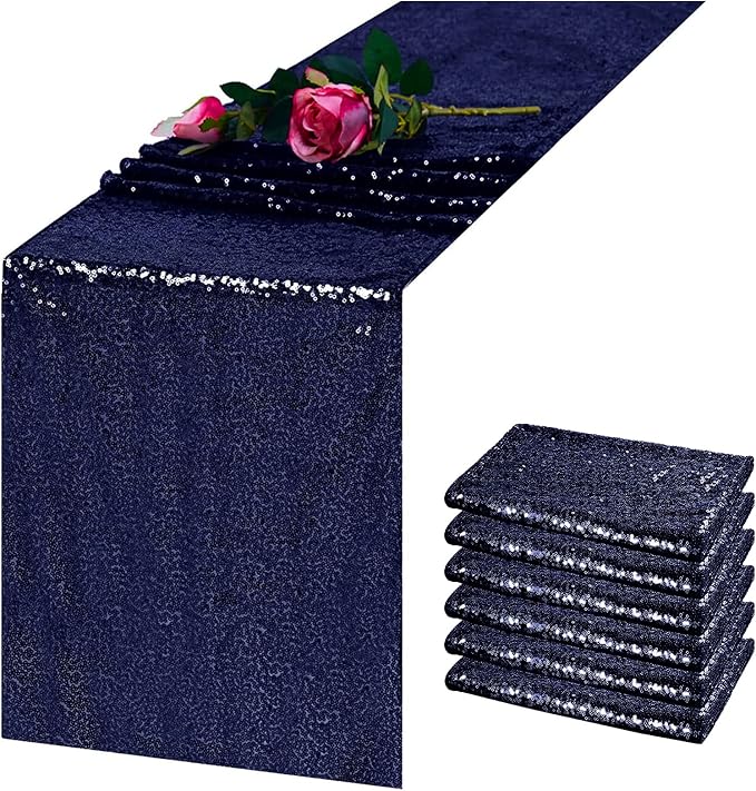 6 Pack Navy Blue Sequin Table Runner 12 x 108 Inch - High Density Sparkly Glitter Table Runners for Wedding, Graduation Party, Baby Shower, Shimmering Navy Blue Decor