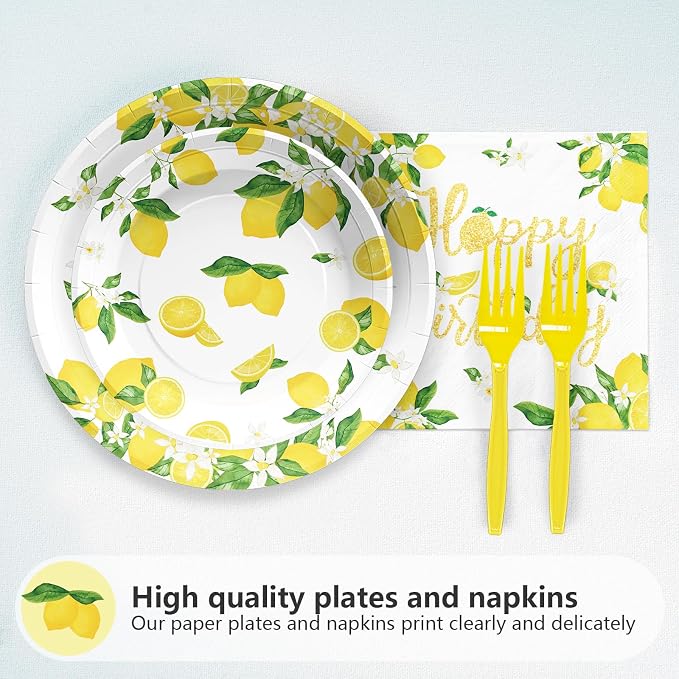 96Pcs Lemon Birthday Decorations Freshly Graduated Party Plates and Napkins Tableware Sets Lemonade Graduation Party Decorations for Summer Lemon Birthday Baby Shower Fruit Theme Supplies Serves 24