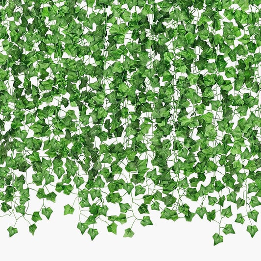 CQURE 140 Pack 980Ft Artificial Ivy Garland,Ivy Garland Fake Vines UV Resistant Green Leaves Fake Plants Hanging Vines for Home Kitchen Wedding Party Garden Wall Room Decor