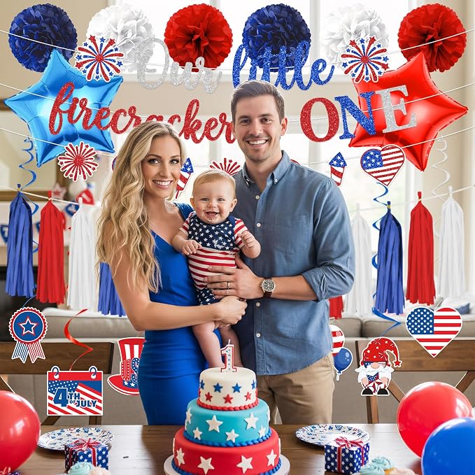 Rakuto Our Little Firecracker Is One Party Decorations, 18PCS 4th of July 1st Birthday Banners Hanging Swirls Party Decoration, Independence Day First Bday Paper Poms Garland Tassel Decor