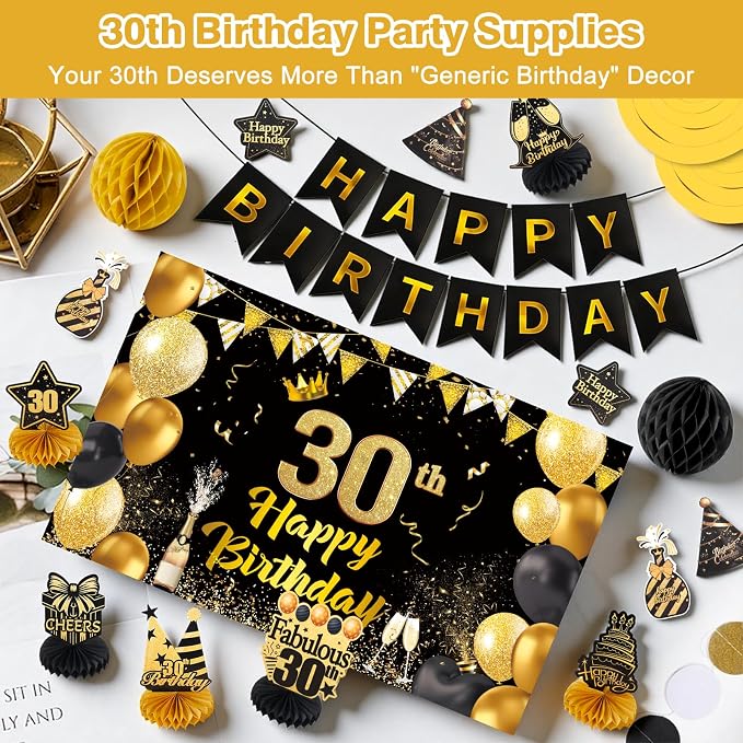 Happy 30th Birthday Party Decoration: Including Birthday Banner Backdrop, Party Table Centerpieces and Hanging Swirl Party Streamers, Birthday Decor for Men and Women (Gold/Black, 30th Birthday)