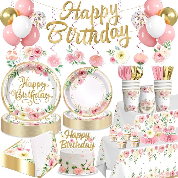 175Pcs Floral Birthday Decorations Set - Serves 20 Guests - All-in-One Flower Theme Birthday Party Decorations Kit with Balloons, Banner, Cake Topper, 350gsm Plates, Tablecloths, Backdrop