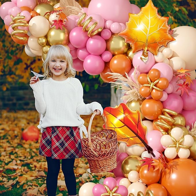Fall Balloon Arch Kit, Thanksgiving Balloon Garland with Hot Pink Orange Gold Balloons with Leaf Foil Balloons for Thanksgiving Autumn Fall Birthday Baby Shower Party Decorations