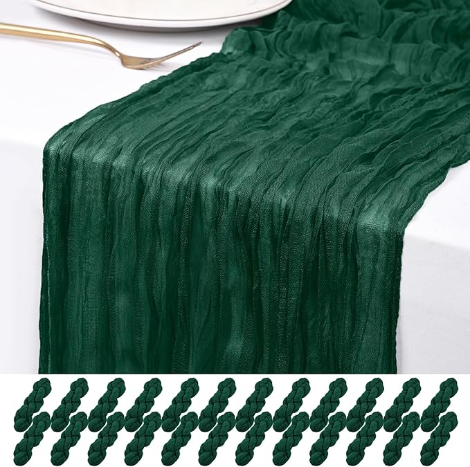 24 Pack Emerald Green Cheesecloth Table Runner 120 inch Fall Thanksgiving Boho Rustic Gauze Farmhouse 10FT Cheese Cloth Runner for Baby Shower Wedding Party Holiday Home Decor