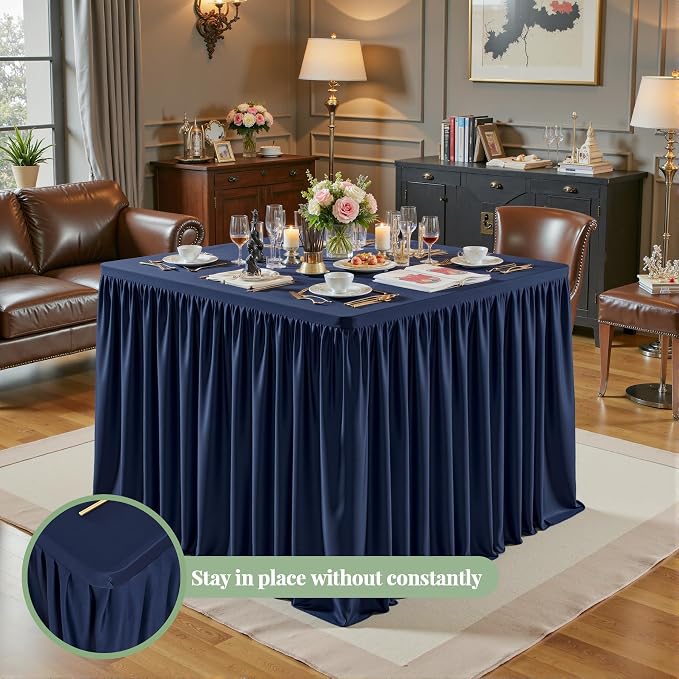 Navy Blue Square Tableloths 34x34 Inch 2 Packs, Stretch Fitted Square Table Cloth Washable Fabric Card Table Cover with Pleated Ruffle Skirt for Dining,Kitchen,Buffet Parties,Trade Show,Vendor Stand