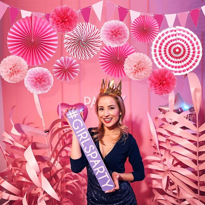 Hotpink Party Decorations Pink Girls Paper Fan Birthday Baby Shower Tissue Pom Poms Streamers Bachelorette Party Supplies Tassel Garland Banner Wedding Decor